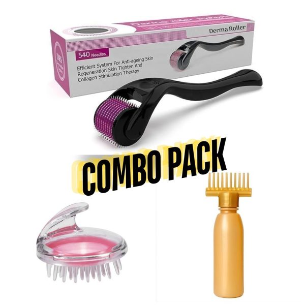 Pack Of 3 Deal Combo Pack Derma Roller + Hair Oil Applicator Bottle + Hair Scalp Massager