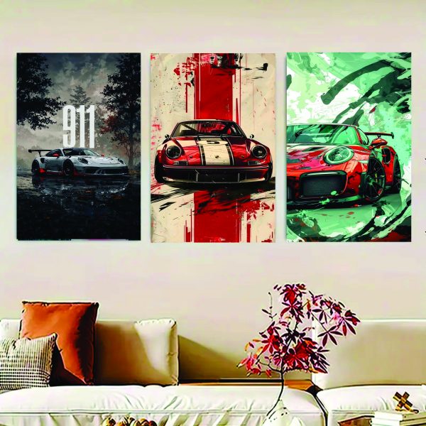 Set Of 3, Luxury Cars Wall Art Photo Canvas Wooden Tile Frame